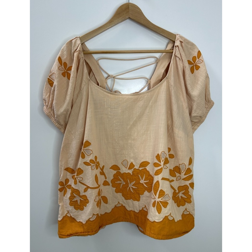 Madewell Embroidered Flower Puff Sleeve Cotton Lace-Up Back Top Plus Size 1X - Picture 12 of 13